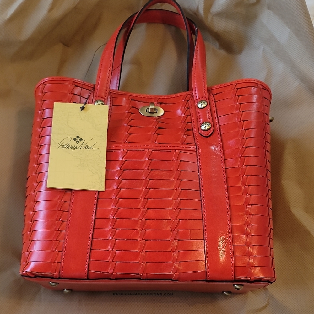 Patricia Nash Bright Coral Woven Leather Tote